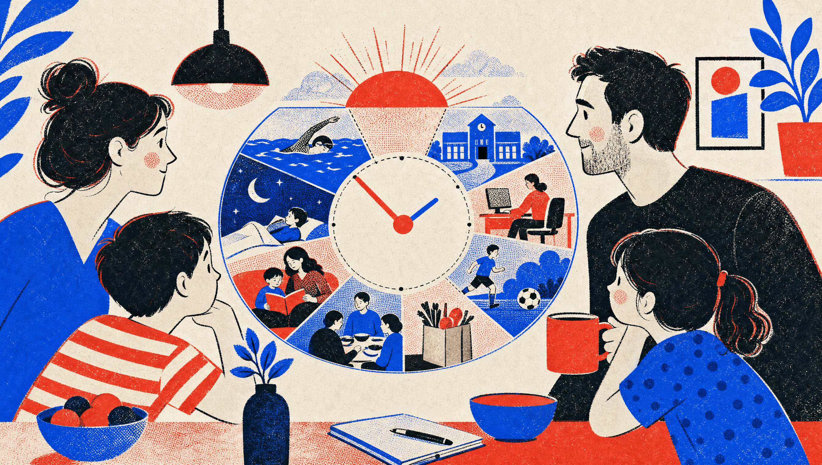 A riso-print illustration of a family's whole day coming together at a glance
