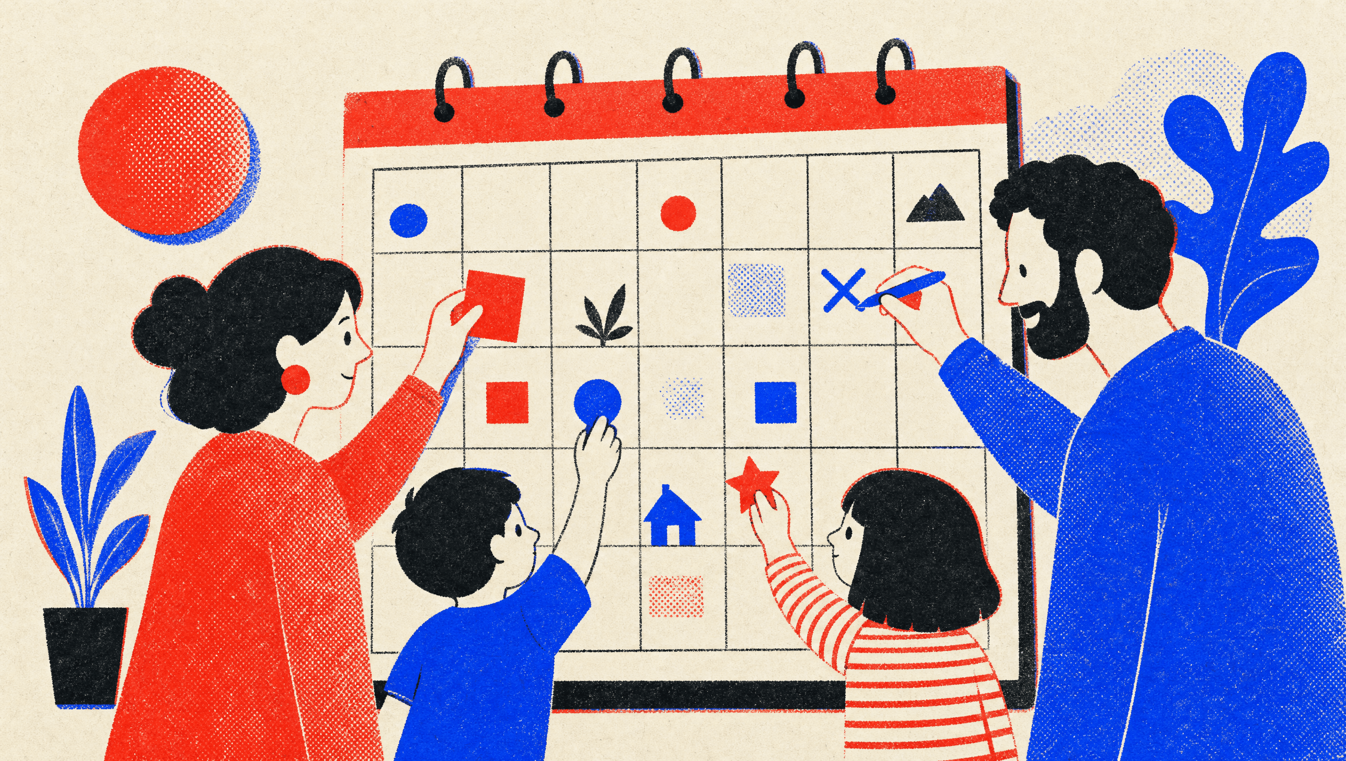 A riso-print illustration of a shared family calendar and events