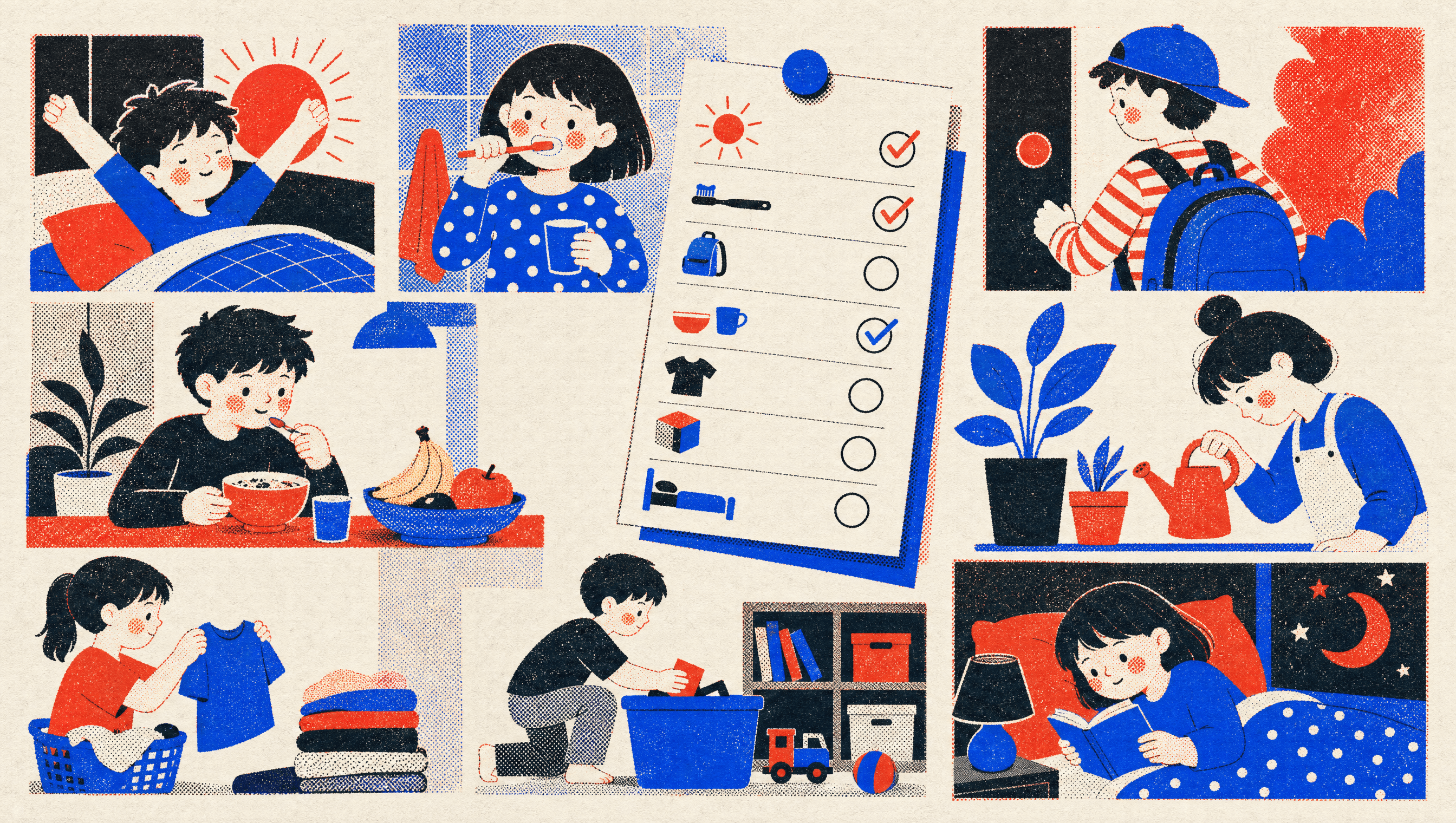 A riso-print illustration of kids' daily routines, lists and chores